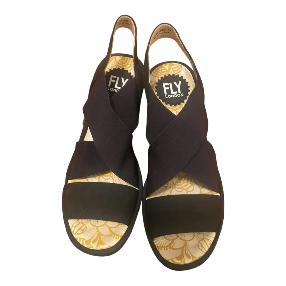 Fly London Black Wedge Sandals - Picture 2 of 9